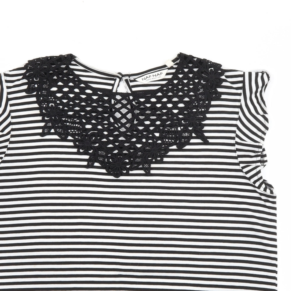 NAF NAF Womens White Striped Polyester Basic T-Shirt Size L Round Neck