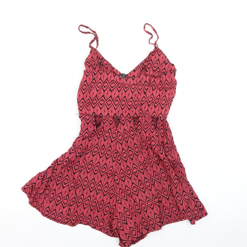 Topshop Womens Red Geometric Viscose Playsuit One-Piece Size 6