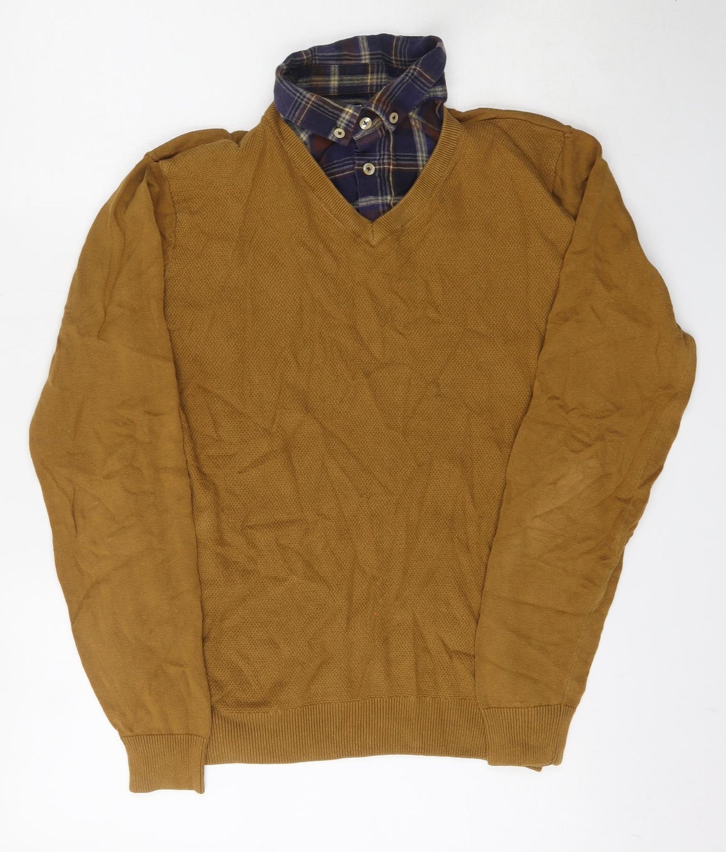 NEXT Mens Brown V-Neck  Cotton Cardigan Jumper Size M   - Built in Shirt Collar