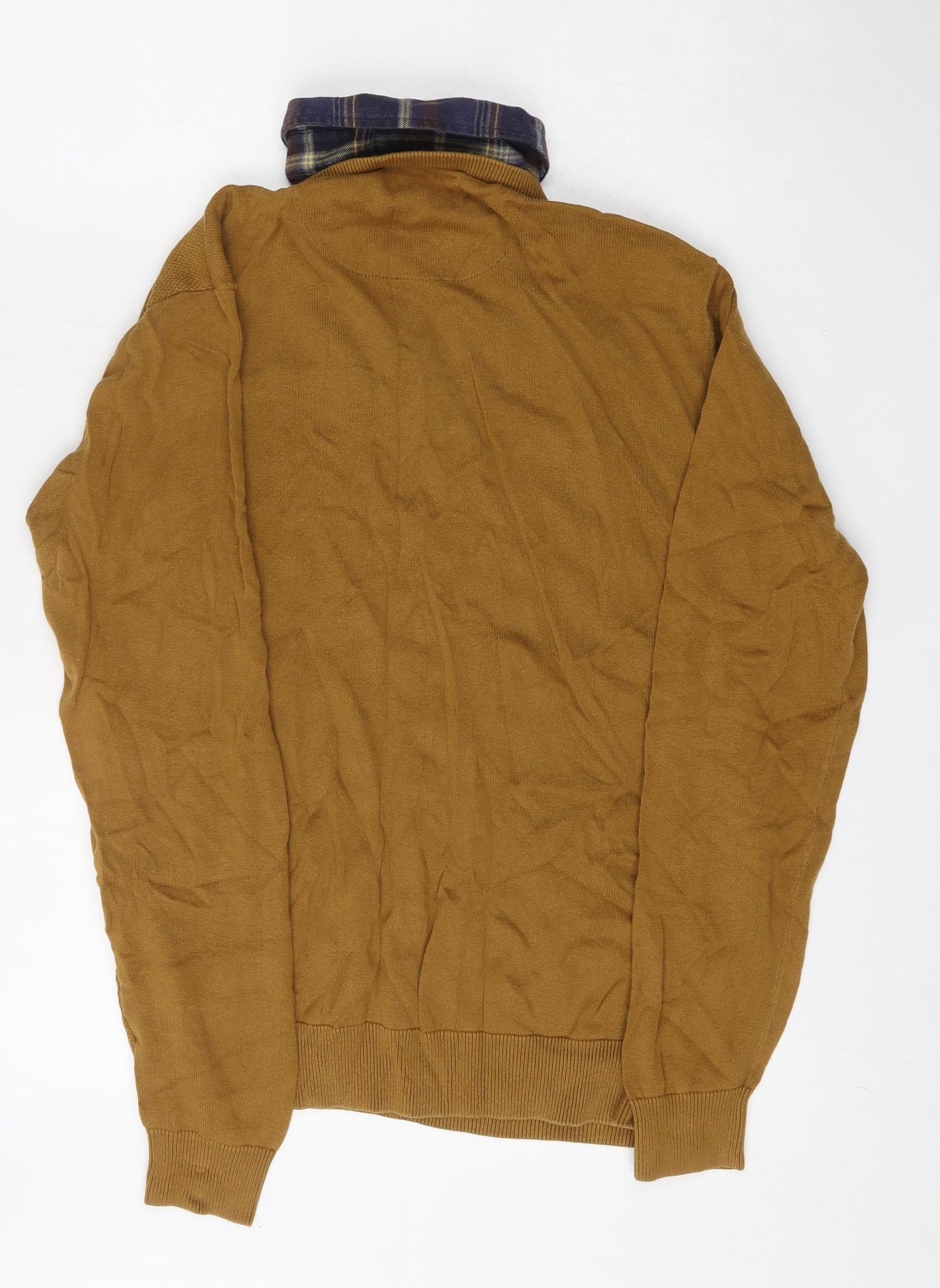 NEXT Mens Brown V-Neck  Cotton Cardigan Jumper Size M   - Built in Shirt Collar