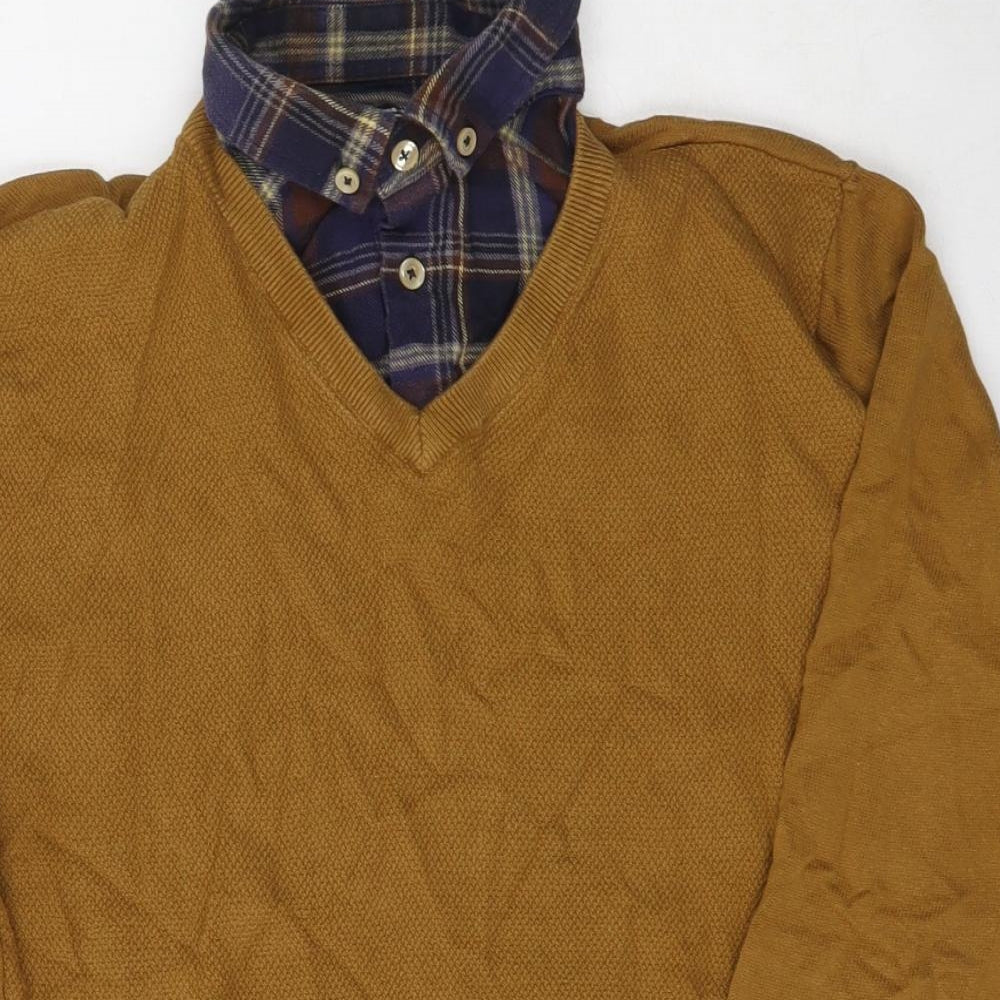 NEXT Mens Brown V-Neck  Cotton Cardigan Jumper Size M   - Built in Shirt Collar
