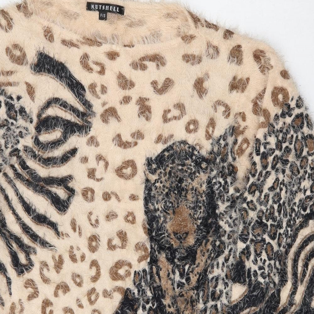 Nutshell Womens Multicoloured Round Neck Animal Print Nylon Pullover Jumper Size S   - Tiger Motif