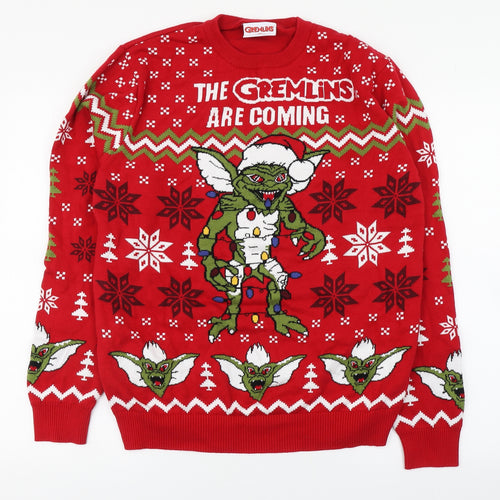 Primark Mens Red Round Neck Fair Isle Cotton Pullover Jumper Size L   - Gremlins Christmas