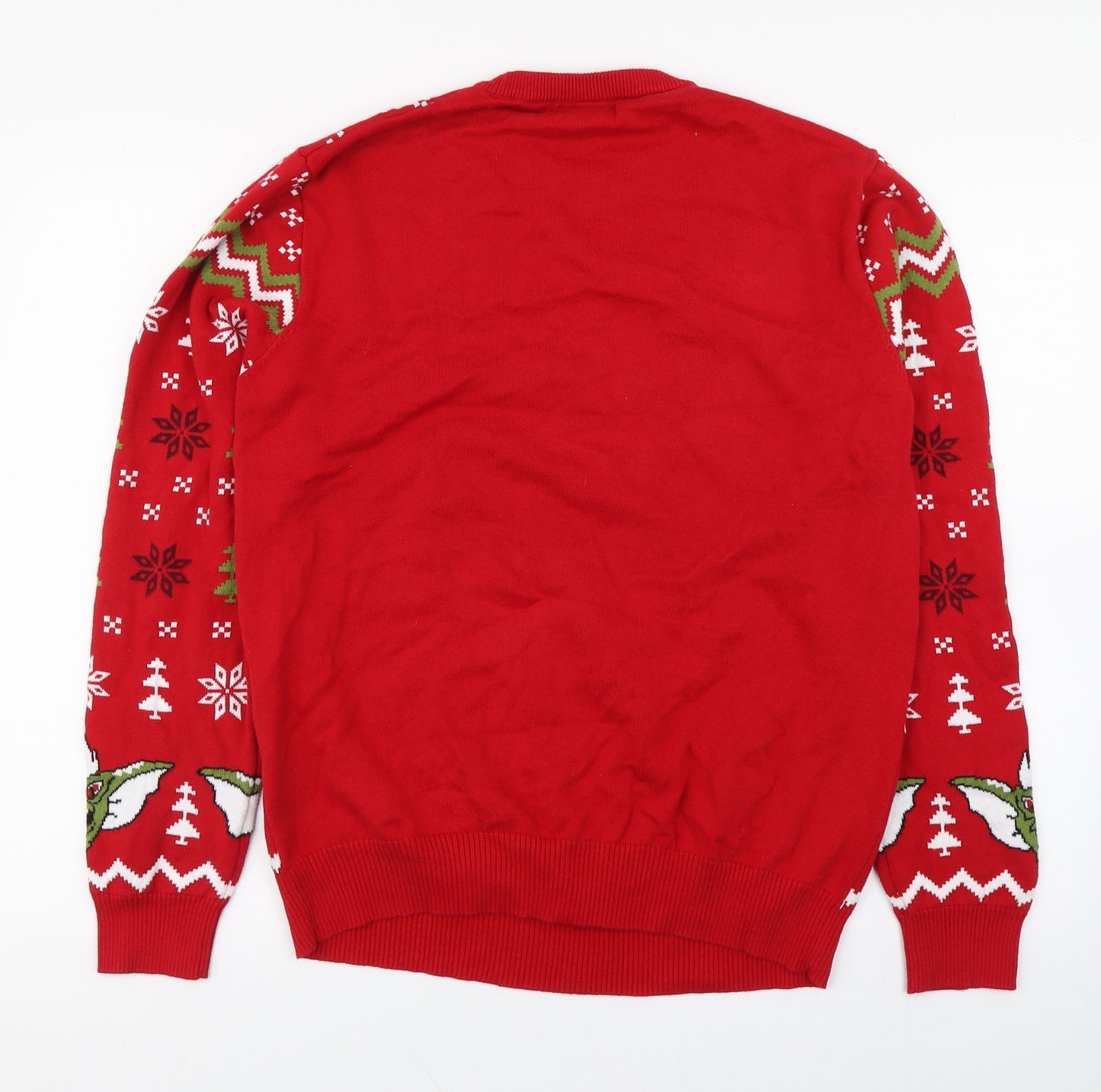 Primark Mens Red Round Neck Fair Isle Cotton Pullover Jumper Size L   - Gremlins Christmas