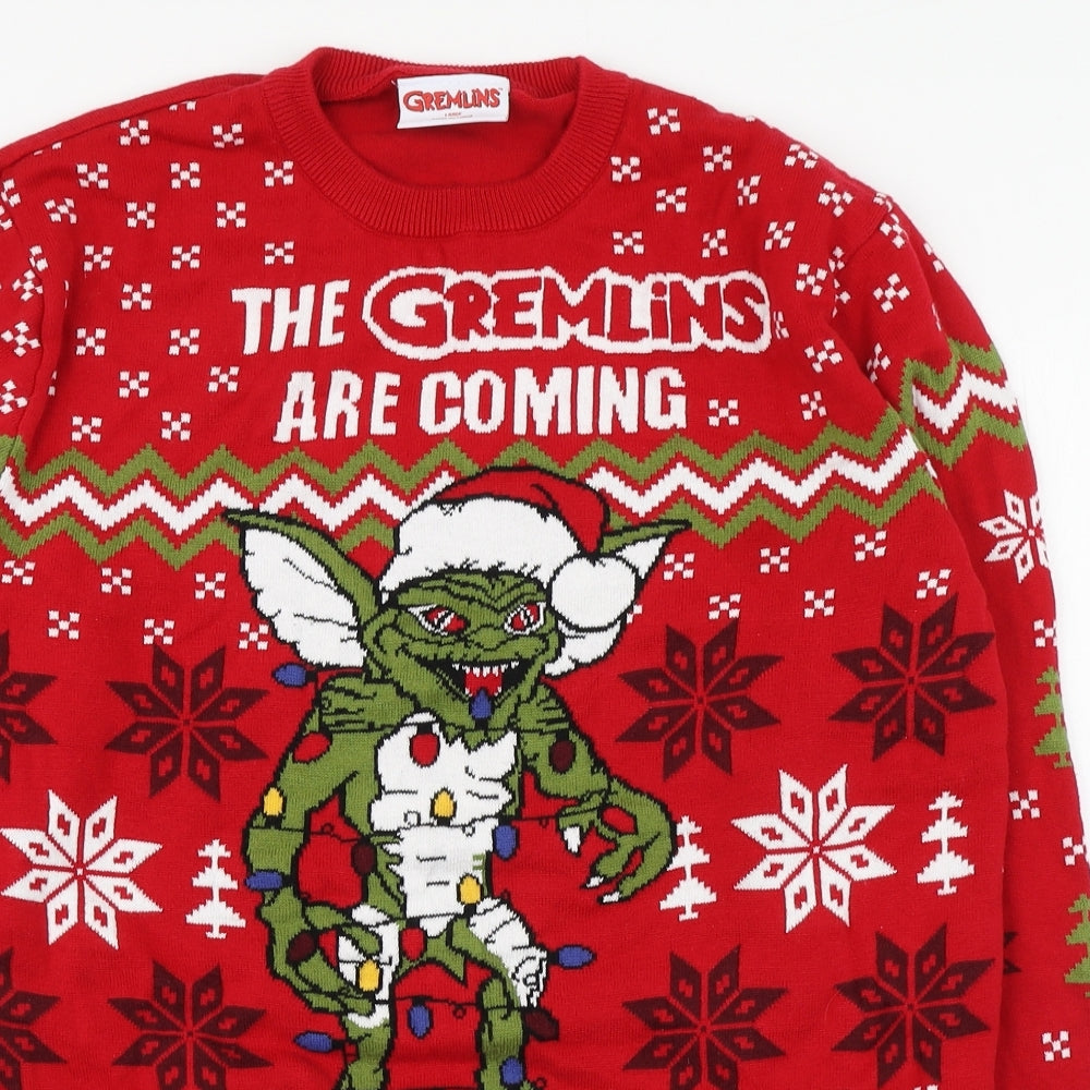Primark Mens Red Round Neck Fair Isle Cotton Pullover Jumper Size L   - Gremlins Christmas