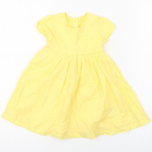 Mothercare Girls Yellow  100% Cotton Fit & Flare  Size 9-12 Months  Round Neck Button
