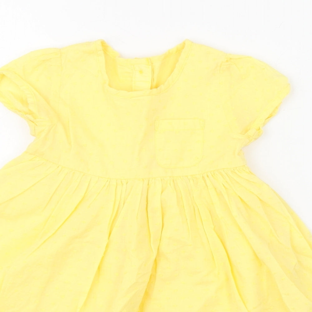 Mothercare Girls Yellow  100% Cotton Fit & Flare  Size 9-12 Months  Round Neck Button