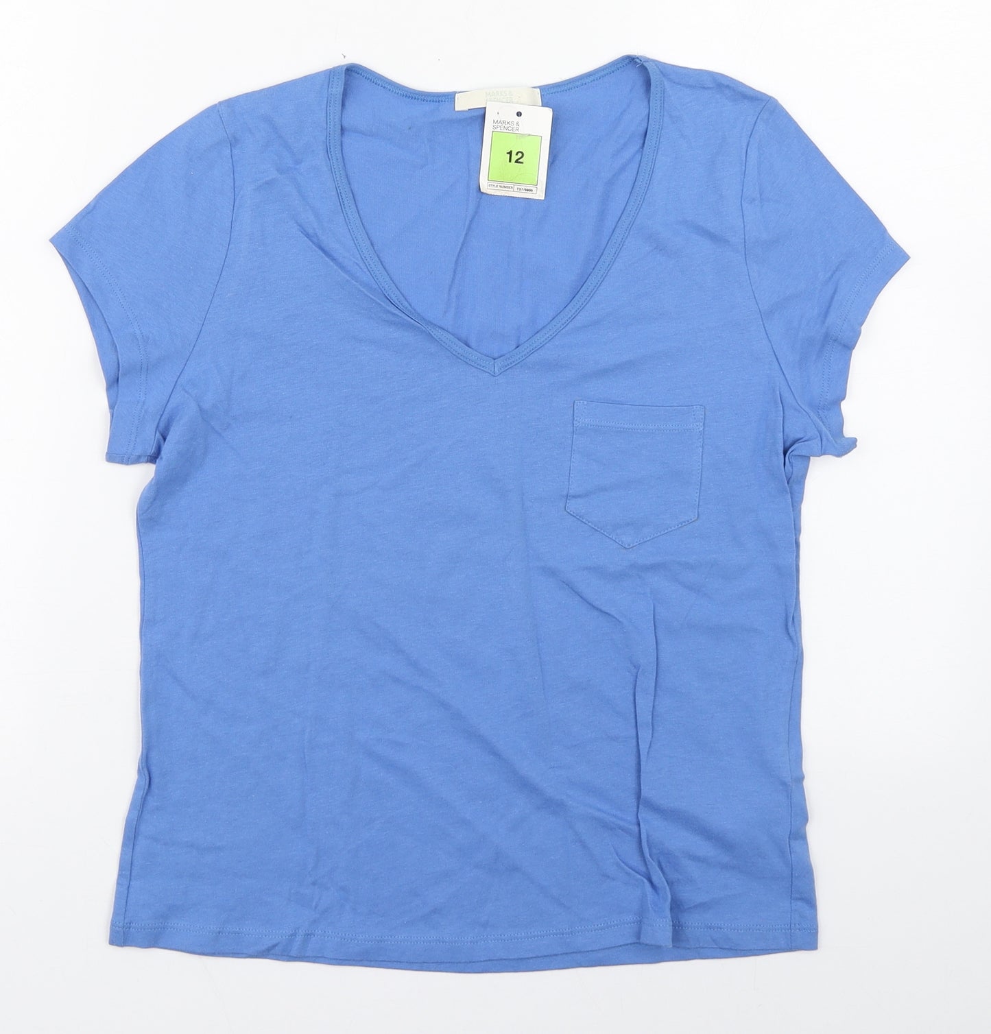 Marks and Spencer Womens Blue  Cotton Basic T-Shirt Size 12 V-Neck