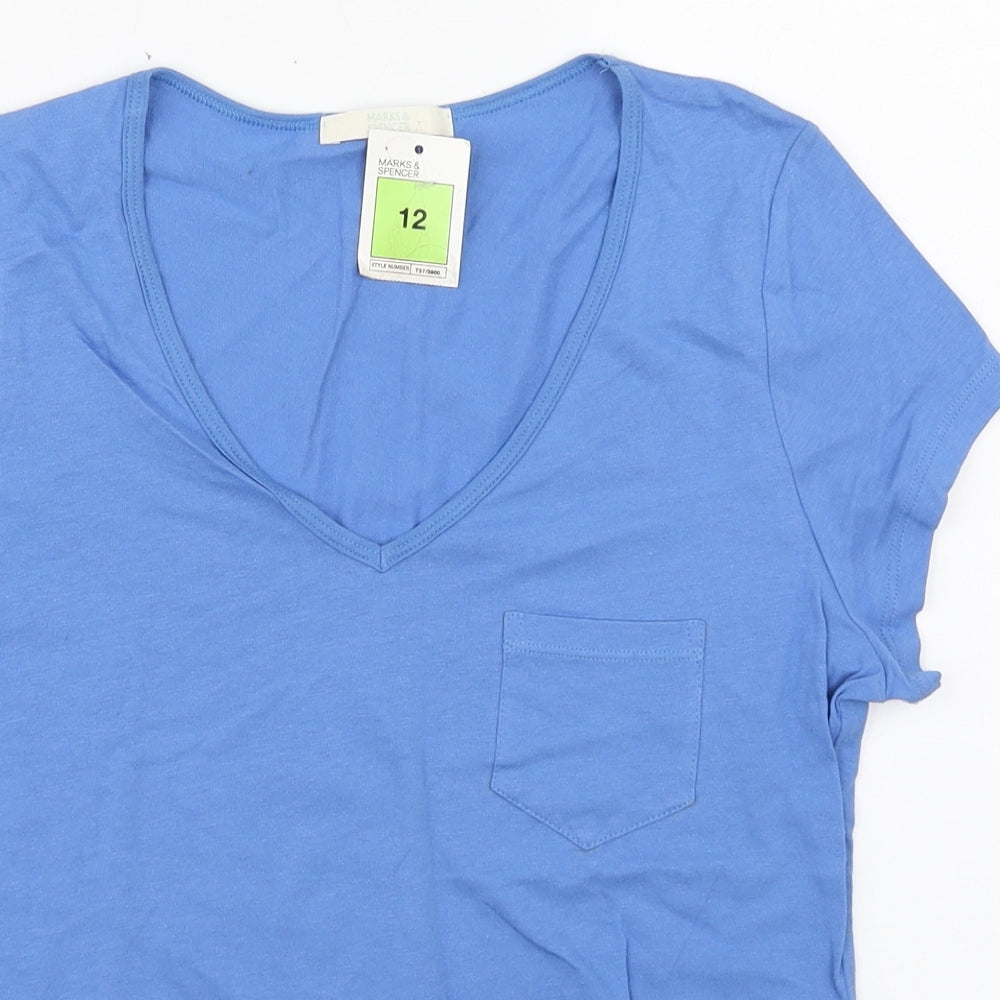 Marks and Spencer Womens Blue  Cotton Basic T-Shirt Size 12 V-Neck