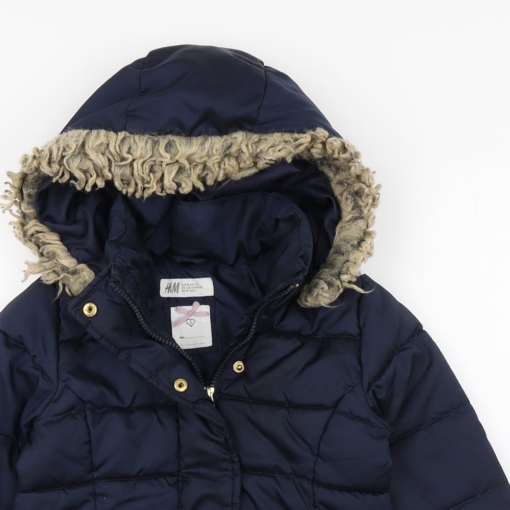 H&M Girls Blue   Parka Coat Size 2-3 Years  Zip