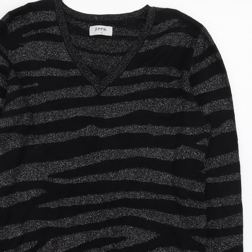 Matalan Womens Black Round Neck Animal Print Viscose Pullover Jumper Size 16
