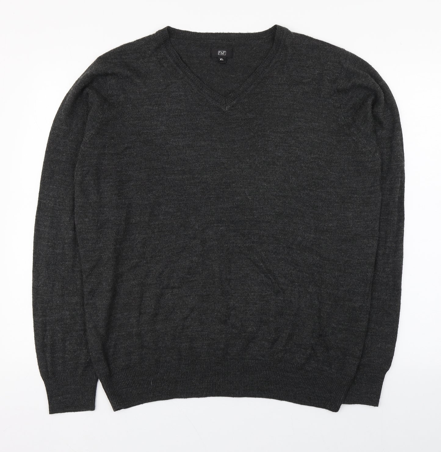 F&F Mens Grey V-Neck  Acrylic Pullover Jumper Size XL