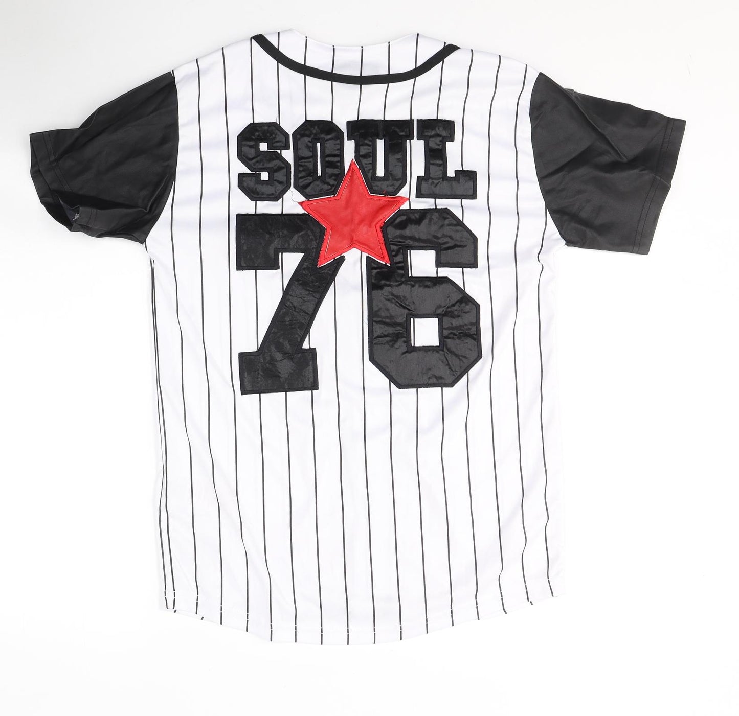 Soul Star Mens White Striped Polyester  Button-Up Size S Round Neck Button - Faux Leather Sleeves