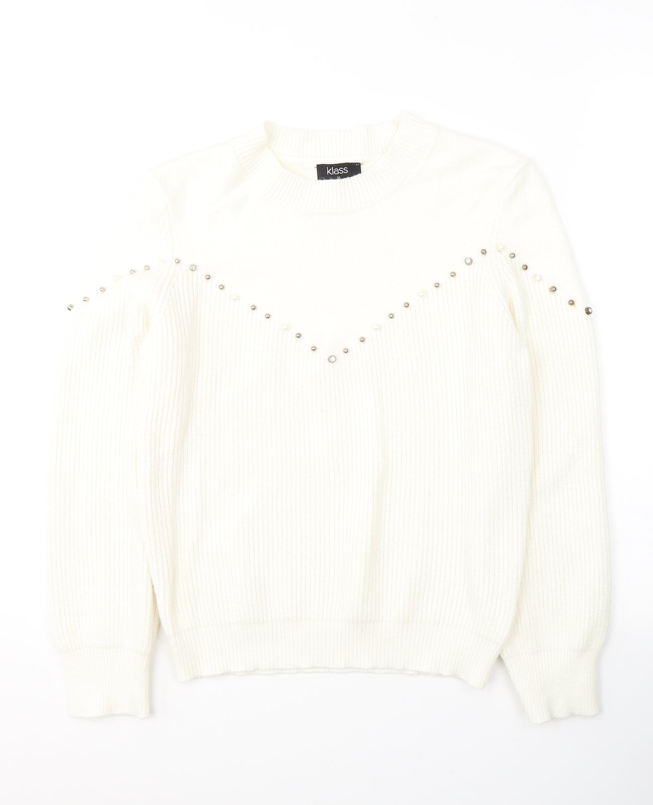 Klass Womens White Round Neck  Viscose Pullover Jumper Size M
