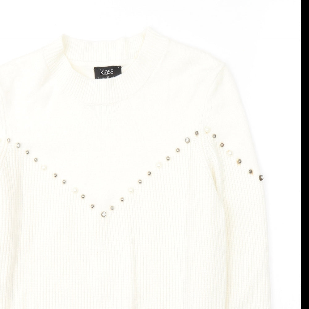 Klass Womens White Round Neck  Viscose Pullover Jumper Size M