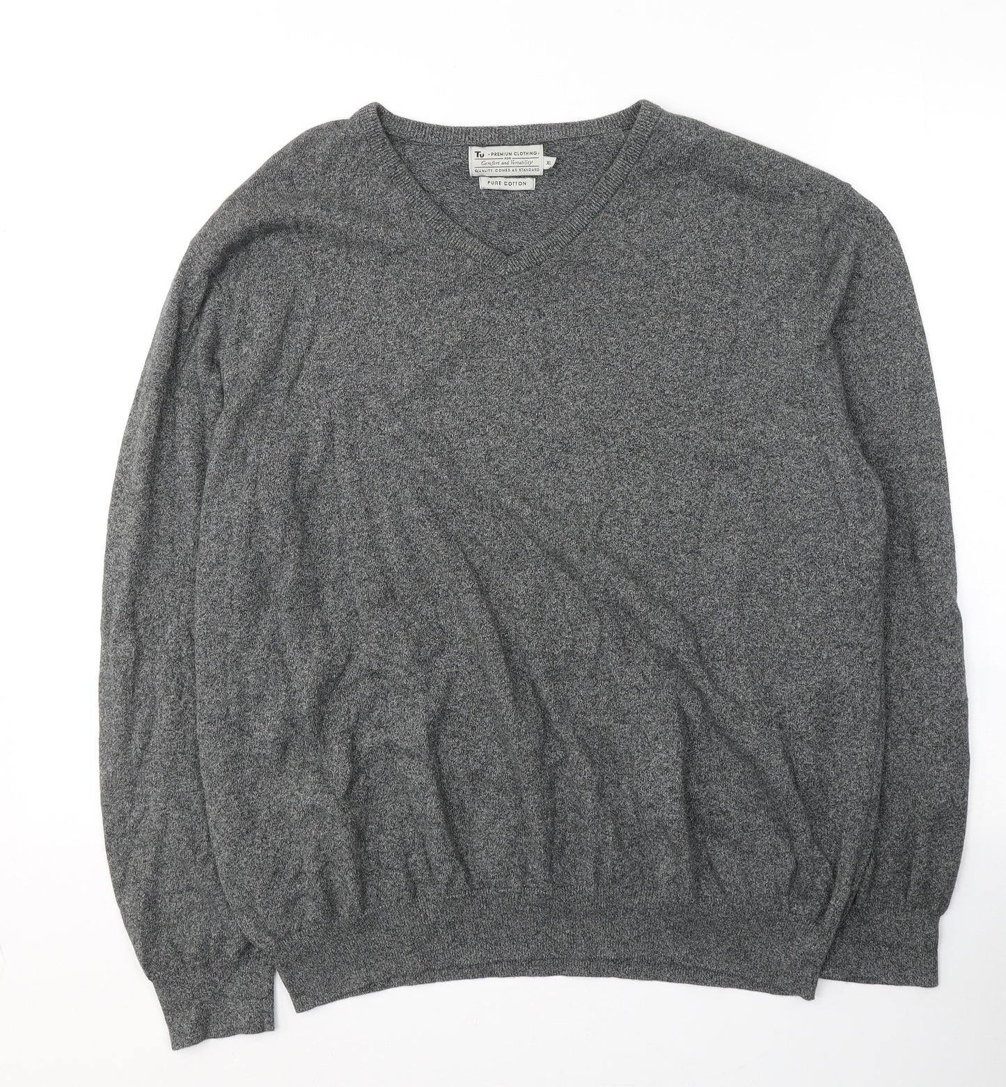 TU Mens Grey V-Neck  Cotton Pullover Jumper Size XL
