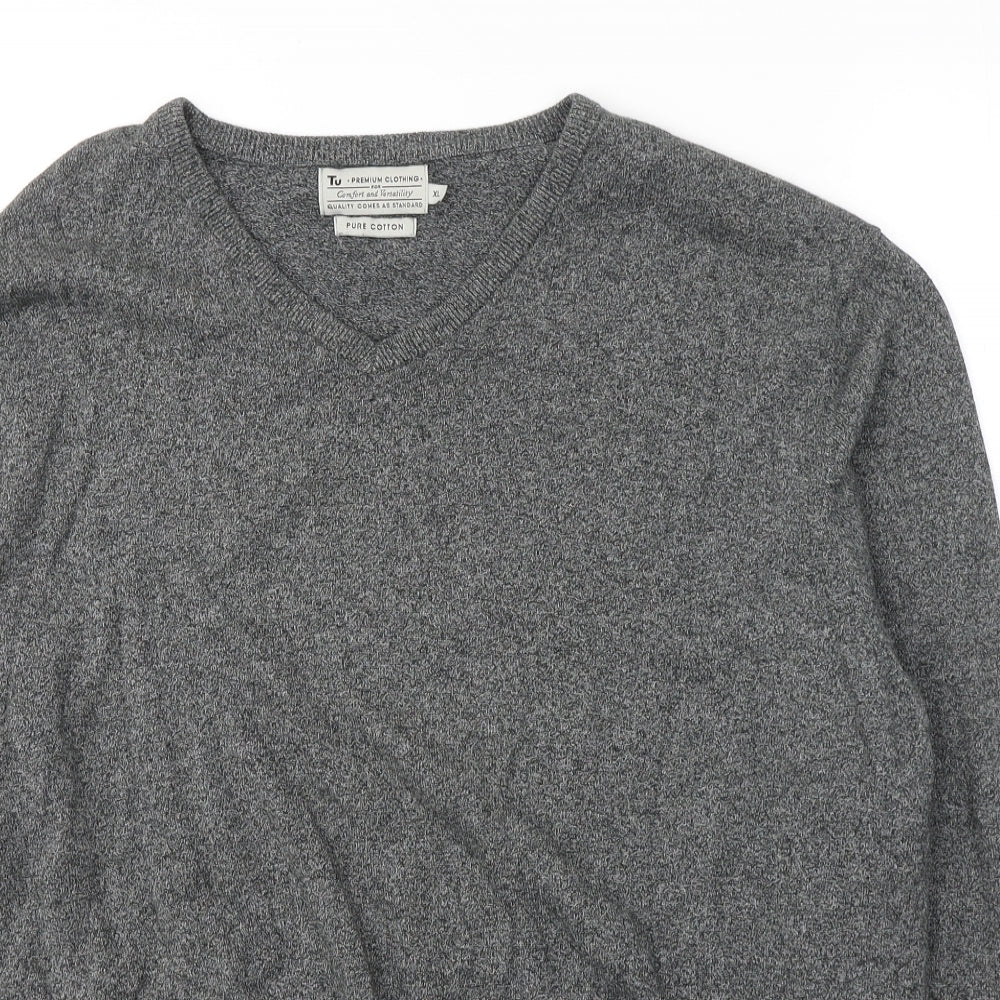 TU Mens Grey V-Neck  Cotton Pullover Jumper Size XL