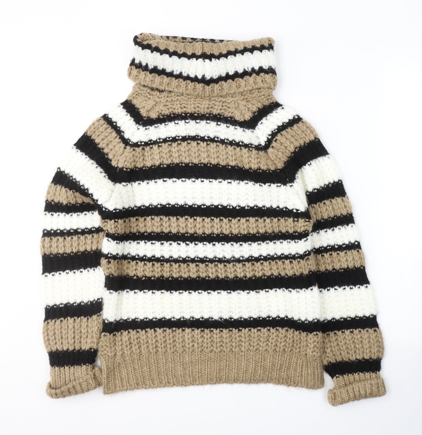 F&F Womens Beige Roll Neck Striped Acrylic Pullover Jumper Size 10
