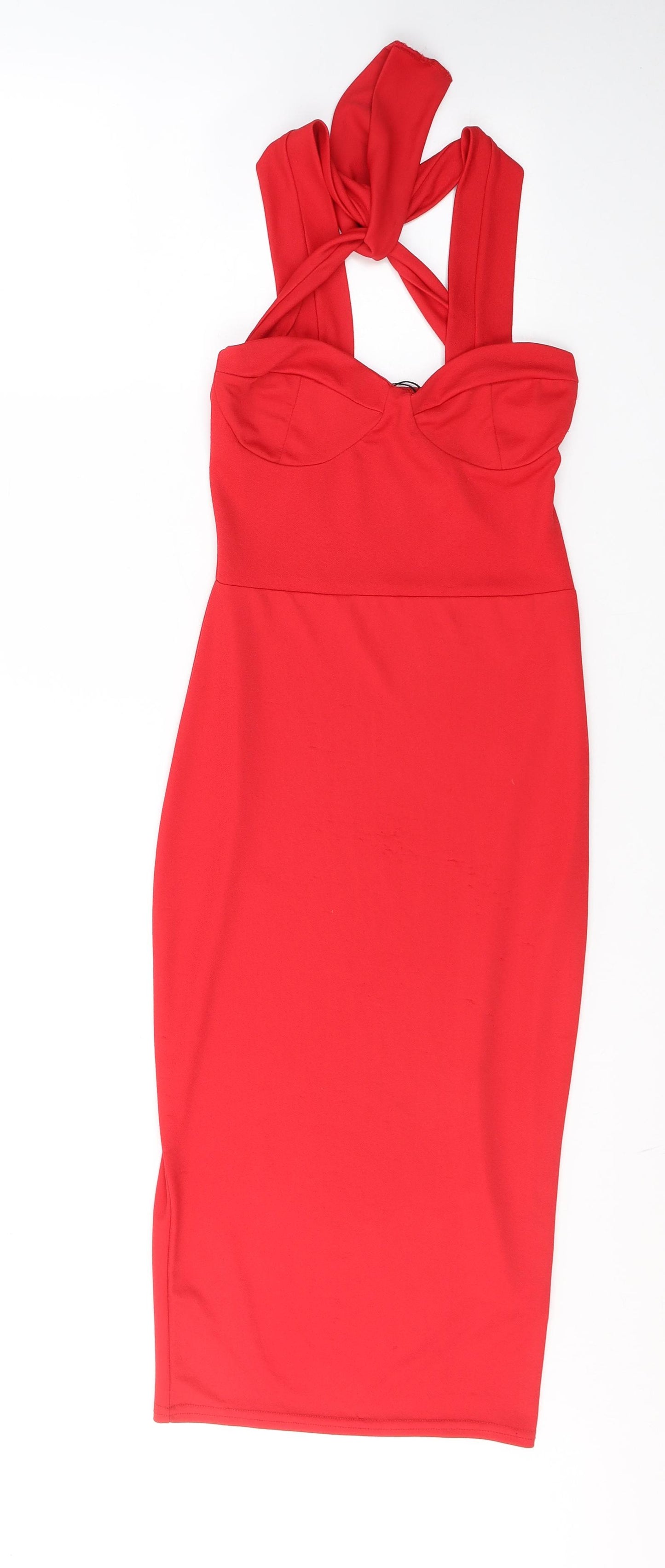 Boohoo Womens Red  Polyester Pencil Dress  Size 6  Halter Pullover