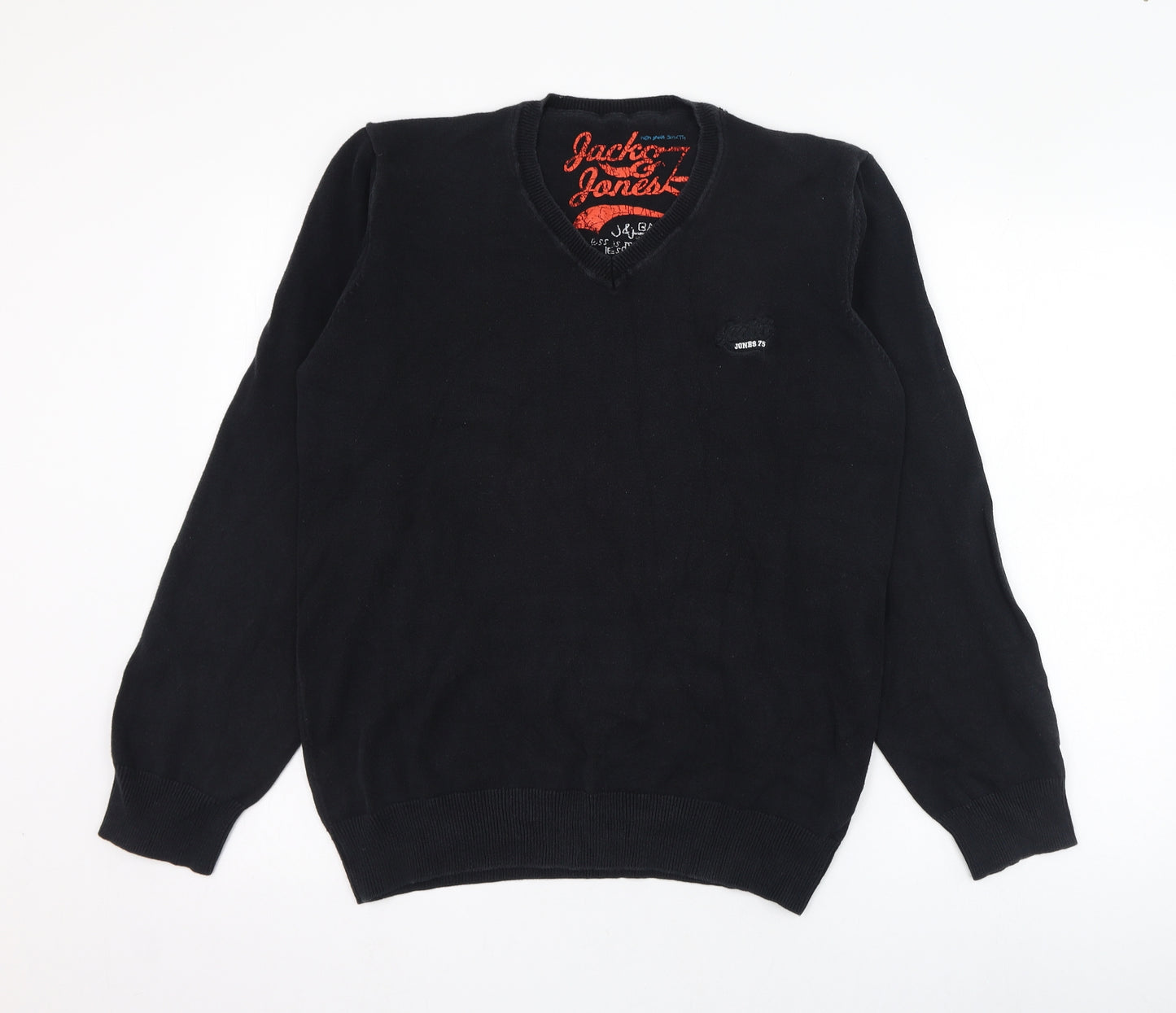 JACK & JONES Mens Black V-Neck  Cotton Pullover Jumper Size L