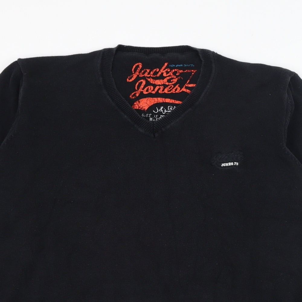JACK & JONES Mens Black V-Neck  Cotton Pullover Jumper Size L