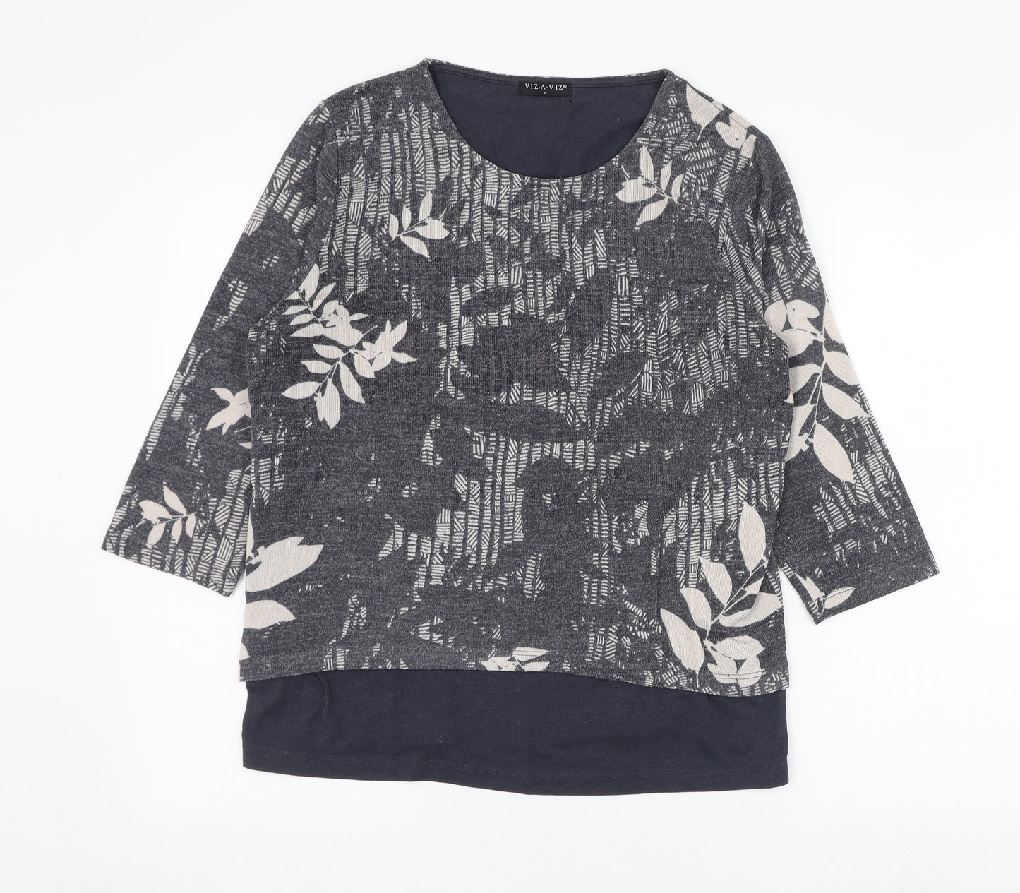 Viz A Viz Womens Grey Round Neck Floral Polyester Pullover Jumper Size M