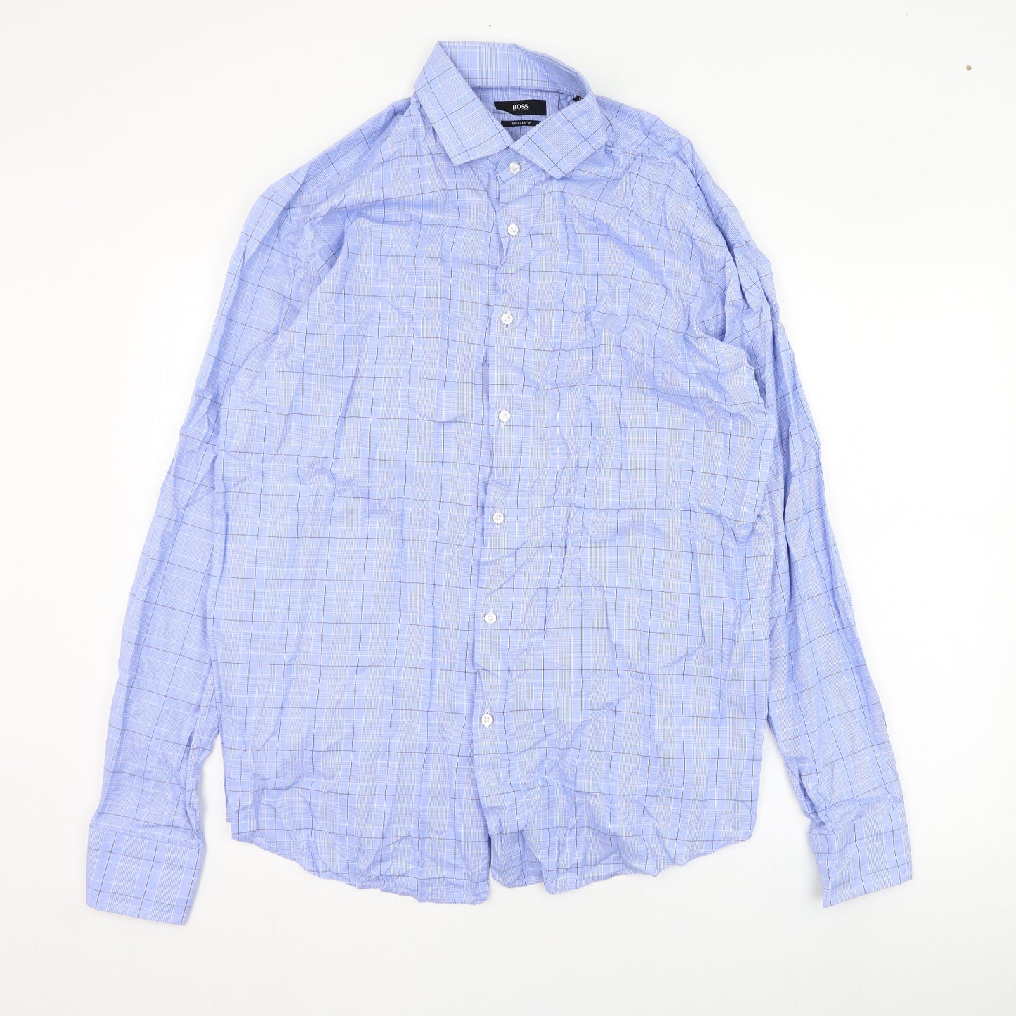 HUGO BOSS Mens Blue Check Polyester  Dress Shirt Size 43 Collared Button