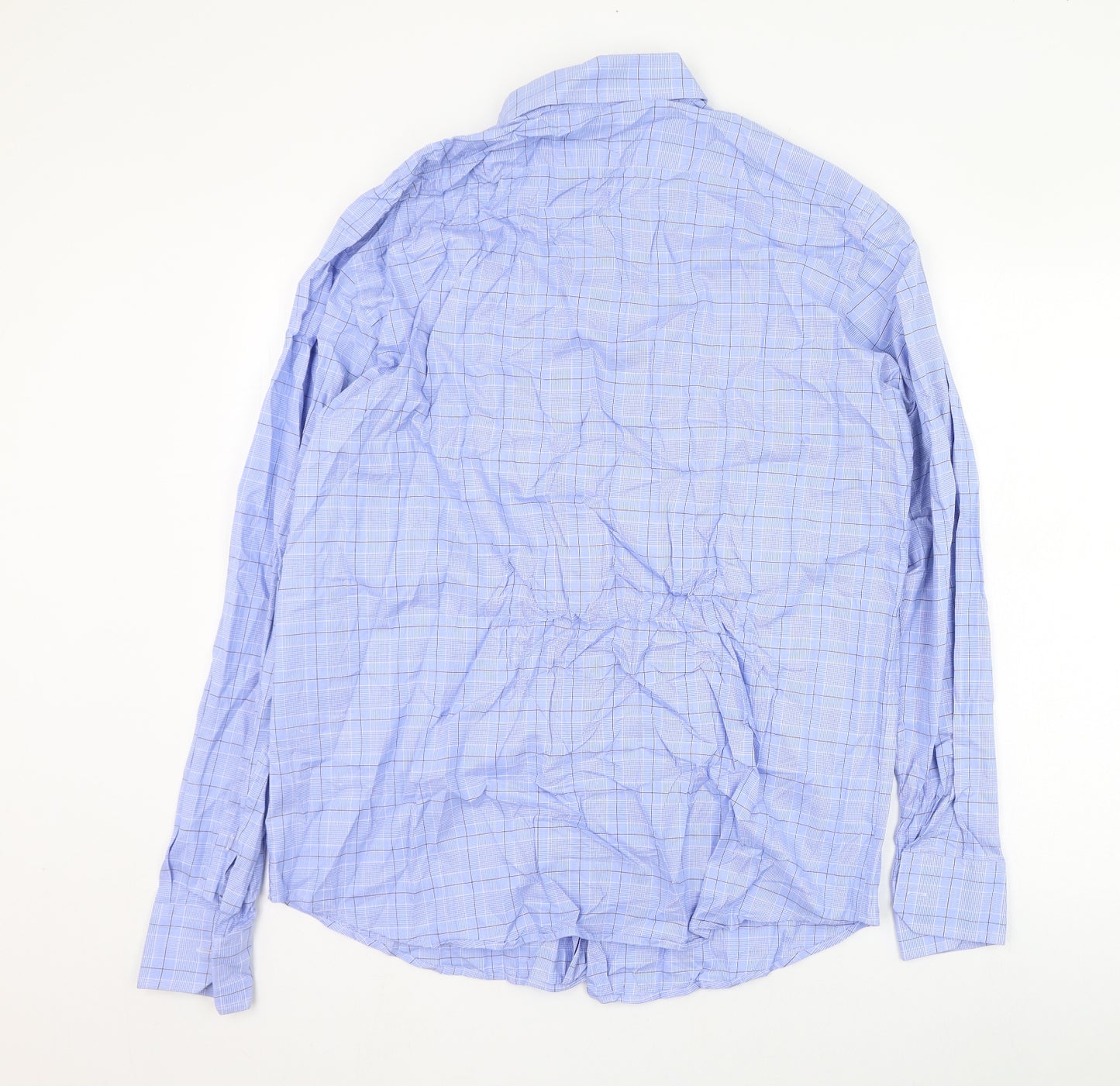 HUGO BOSS Mens Blue Check Polyester  Dress Shirt Size 43 Collared Button