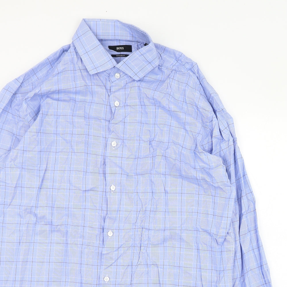 HUGO BOSS Mens Blue Check Polyester  Dress Shirt Size 43 Collared Button