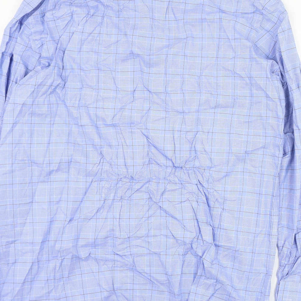 HUGO BOSS Mens Blue Check Polyester  Dress Shirt Size 43 Collared Button