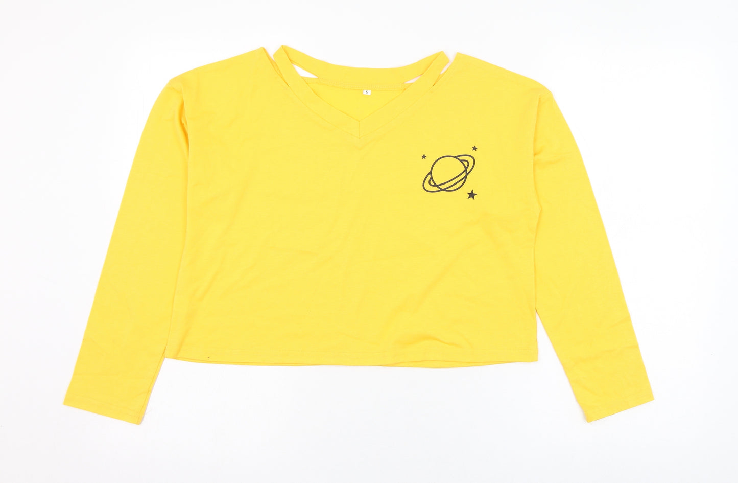 Preworn Womens Yellow  Polyester Cropped T-Shirt Size S Round Neck - Saturn