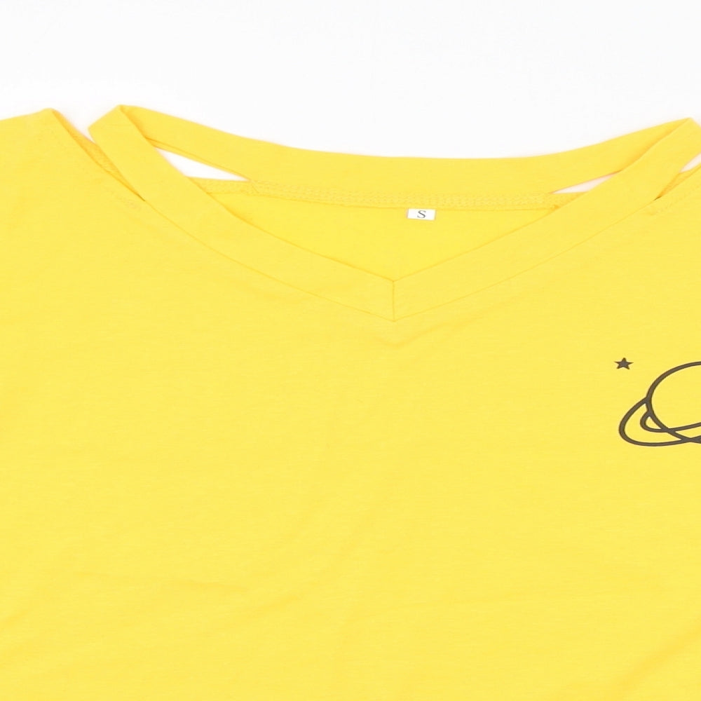 Preworn Womens Yellow  Polyester Cropped T-Shirt Size S Round Neck - Saturn