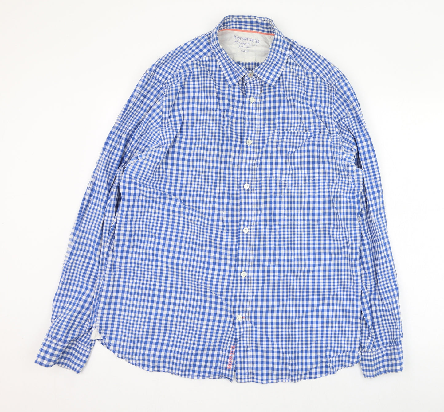 Howick Tailored Mens Blue Check Cotton  Dress Shirt Size L Collared Button