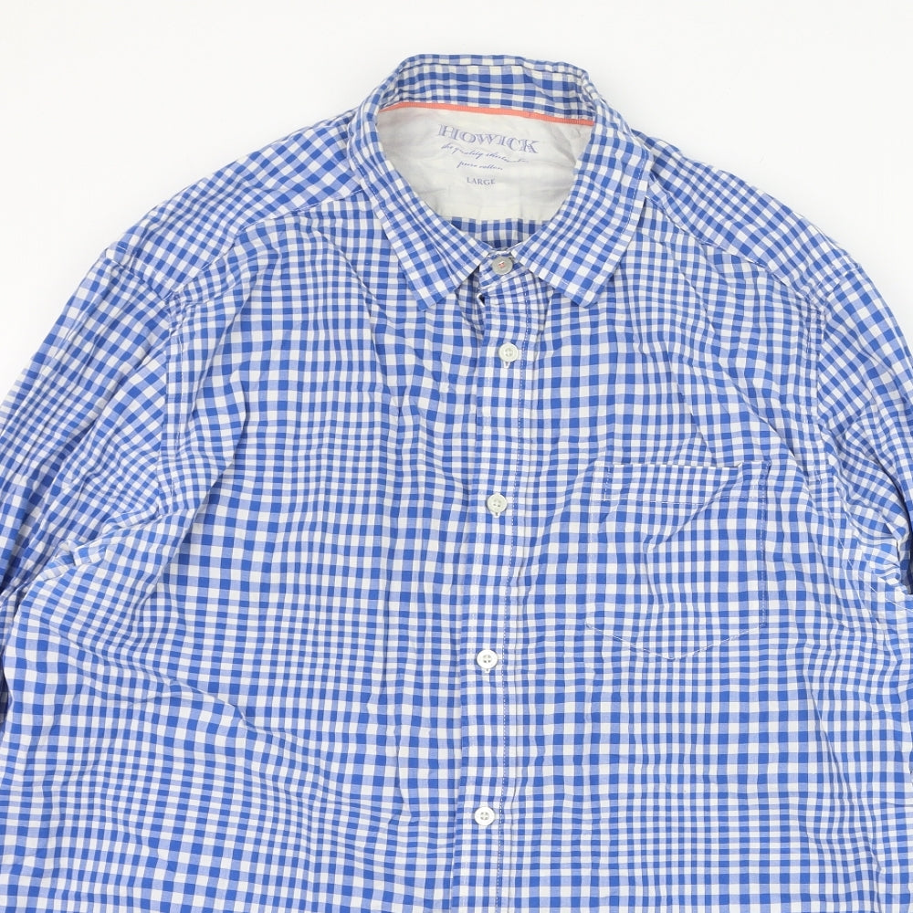 Howick Tailored Mens Blue Check Cotton  Dress Shirt Size L Collared Button