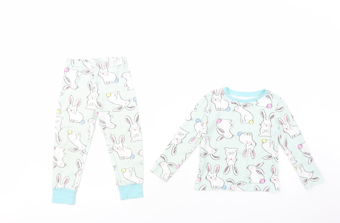 Dunnes Stores Girls Green Geometric Cotton  Pyjama Set Size 3-4 Years  Pullover - Bunny Print