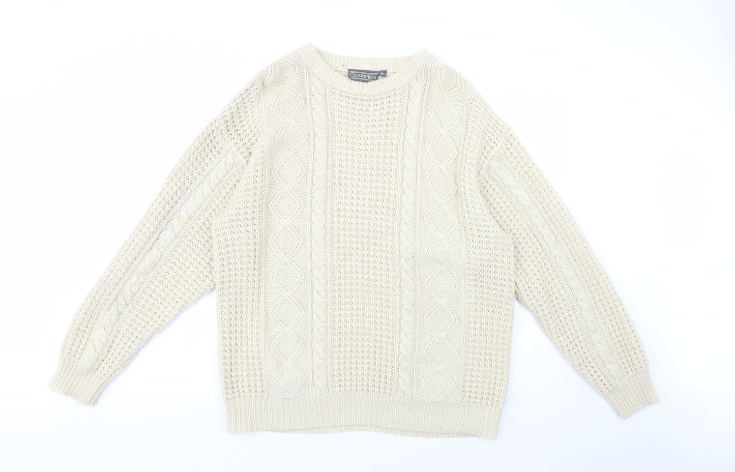 Champion Mens Beige Crew Neck  Acrylic Pullover Jumper Size XL