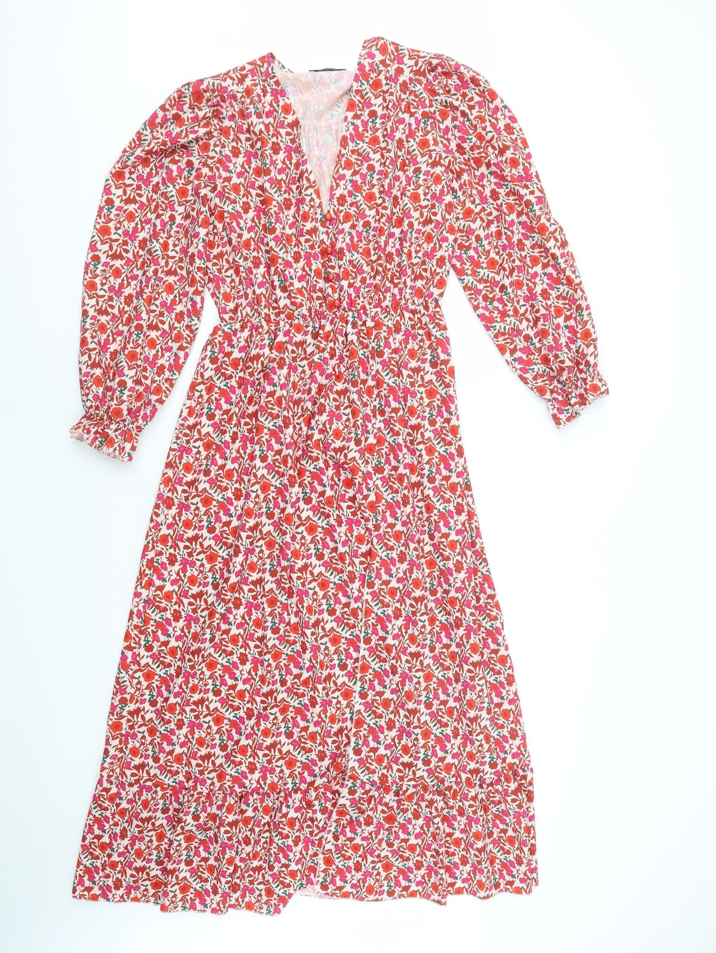Made in Italy Womens Red Floral Polyester Maxi  Size M  V-Neck Button - Estimated Size