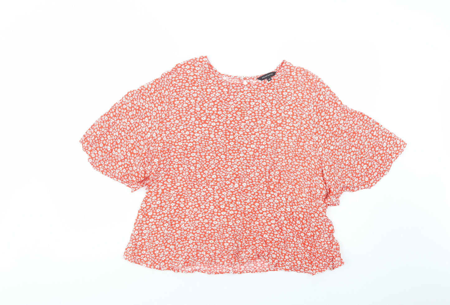 Peacocks Womens Red Floral Viscose Basic Blouse Size 20 Boat Neck