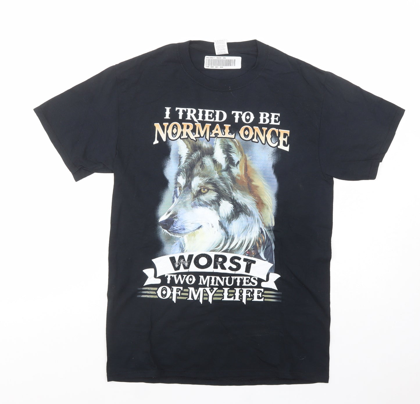 Fruit of the Loom Mens Black  Cotton  T-Shirt Size S Crew Neck  - Wolf