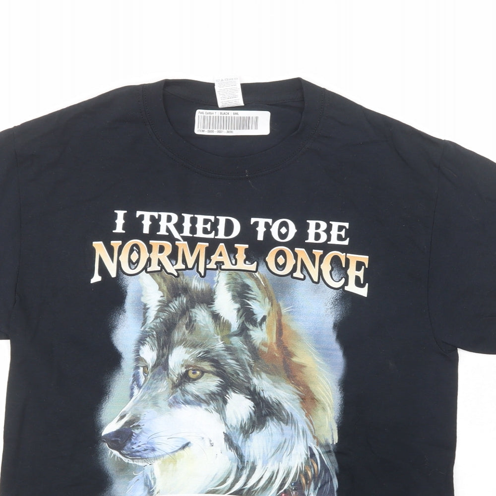 Fruit of the Loom Mens Black  Cotton  T-Shirt Size S Crew Neck  - Wolf