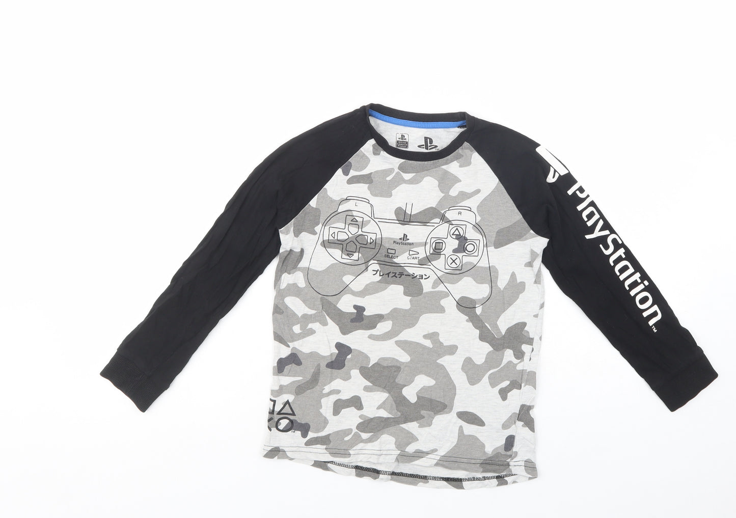 F&F Boys Grey Camouflage Cotton Basic T-Shirt Size 7-8 Years Crew Neck Pullover - PlayStation