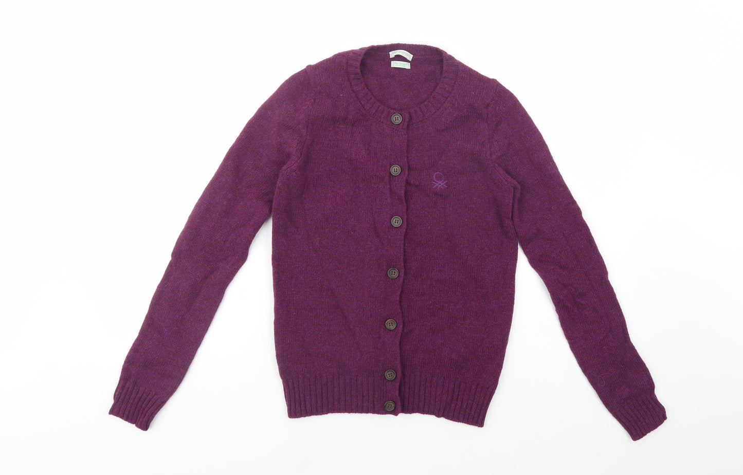 Benetton Womens Purple Crew Neck  Wool Cardigan Jumper Size S
