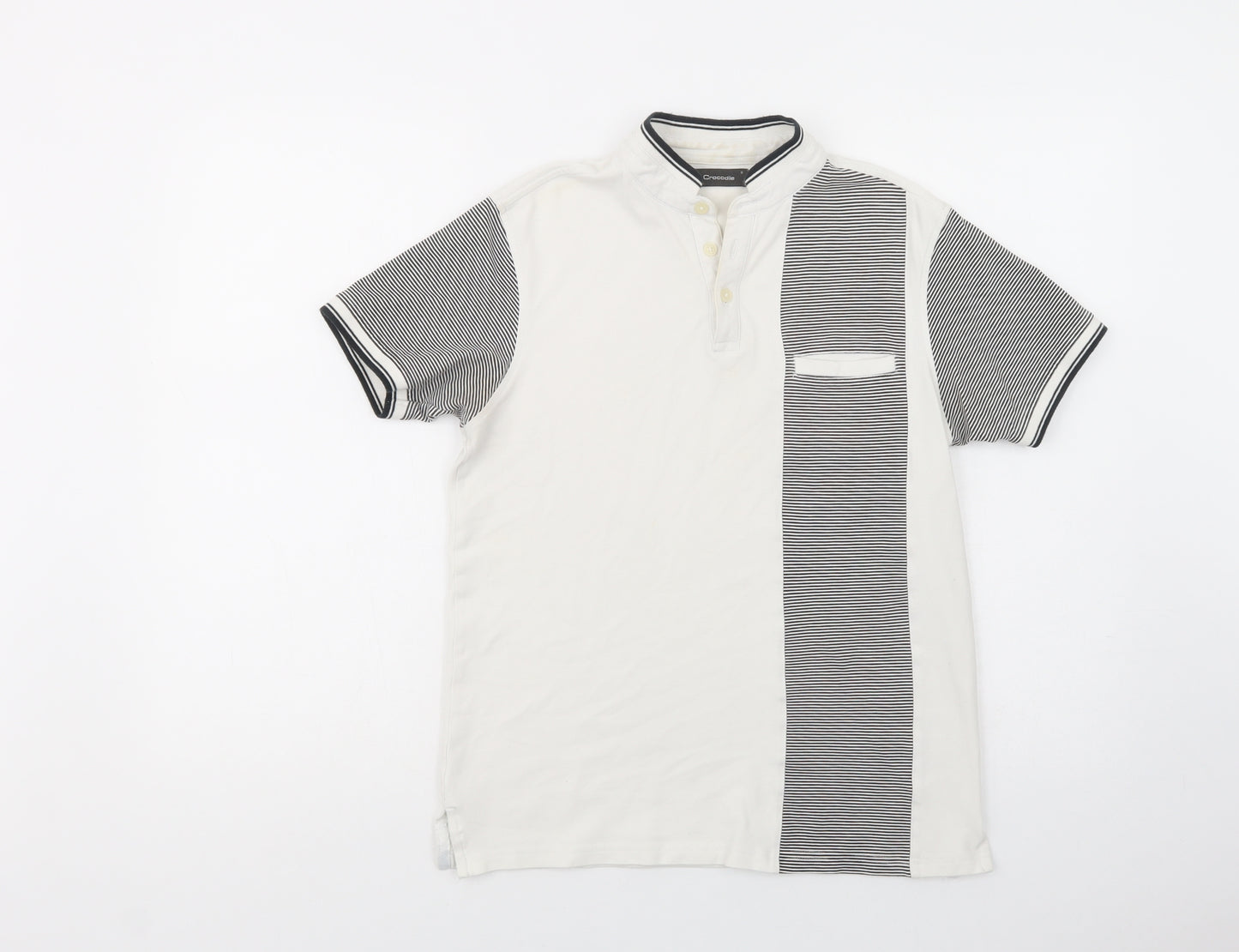 Crocodile Mens White Striped Cotton  T-Shirt Size S Collared