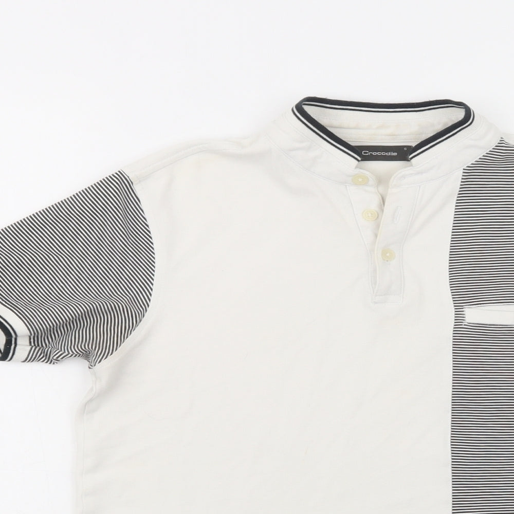 Crocodile Mens White Striped Cotton  T-Shirt Size S Collared