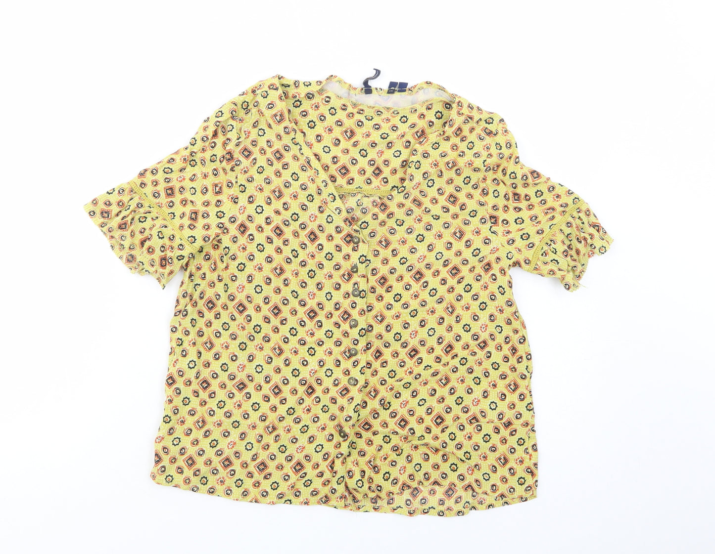 Superdry Womens Yellow Geometric Viscose Basic Button-Up Size 6 V-Neck