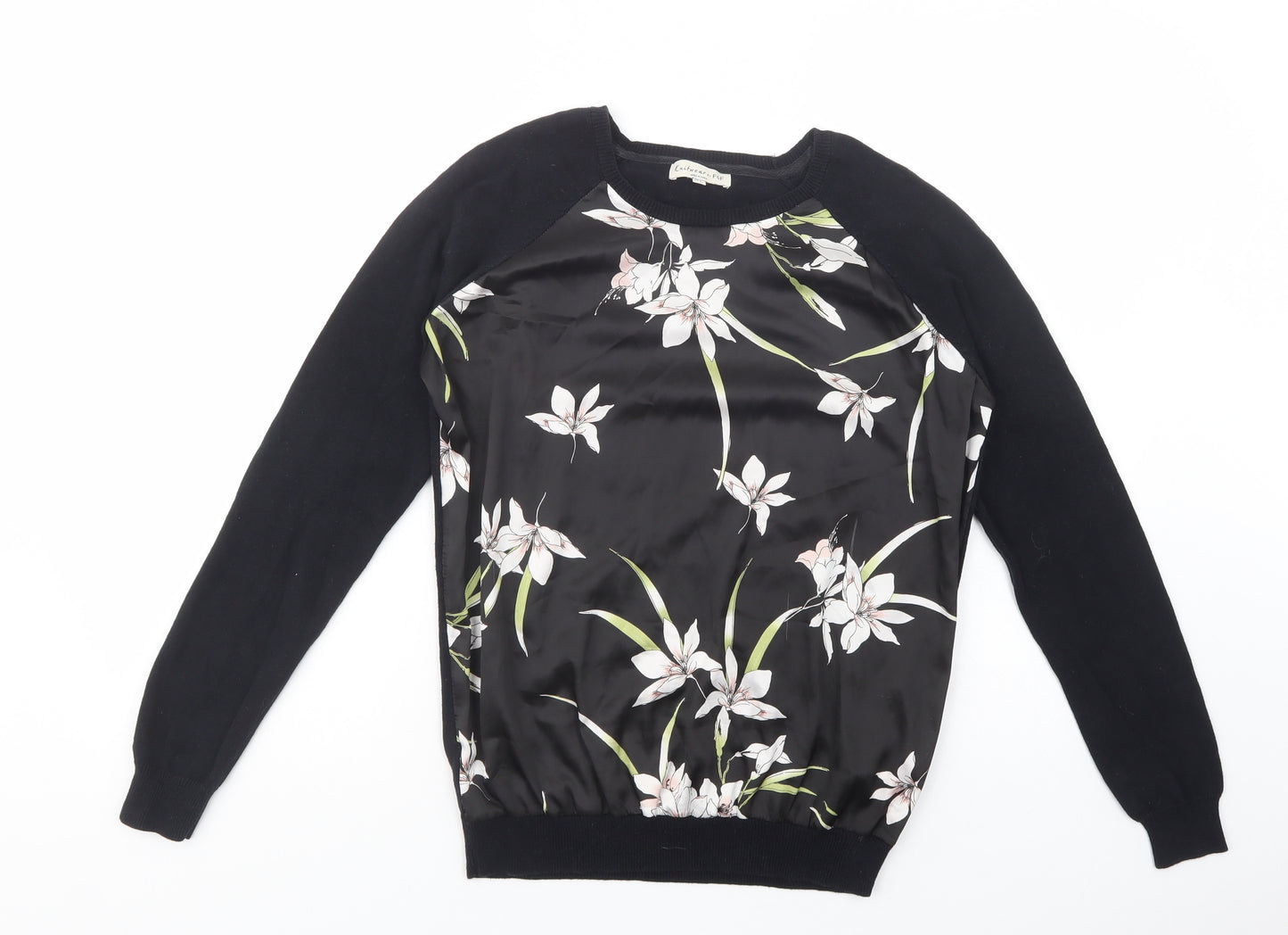 F&F Womens Black Crew Neck Floral Cotton Pullover Jumper Size 12