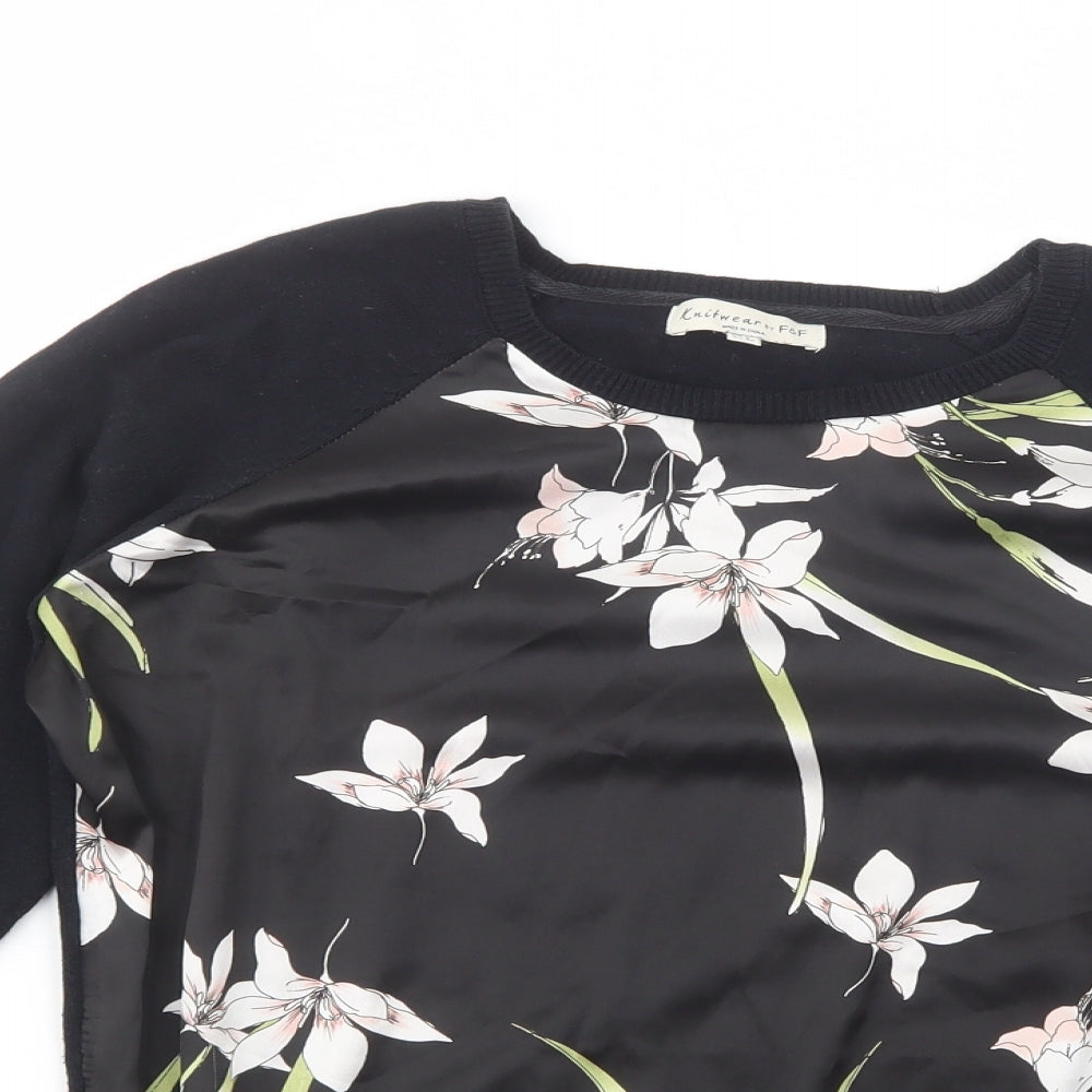 F&F Womens Black Crew Neck Floral Cotton Pullover Jumper Size 12