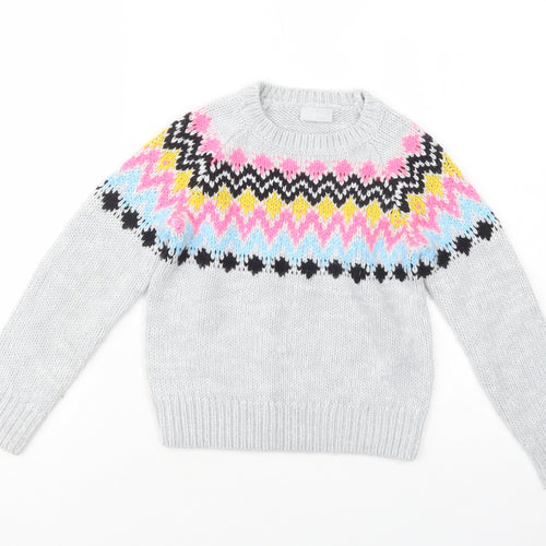 Matalan Girls Grey Crew Neck Fair Isle Acrylic Pullover Jumper Size 9 Years  Pullover