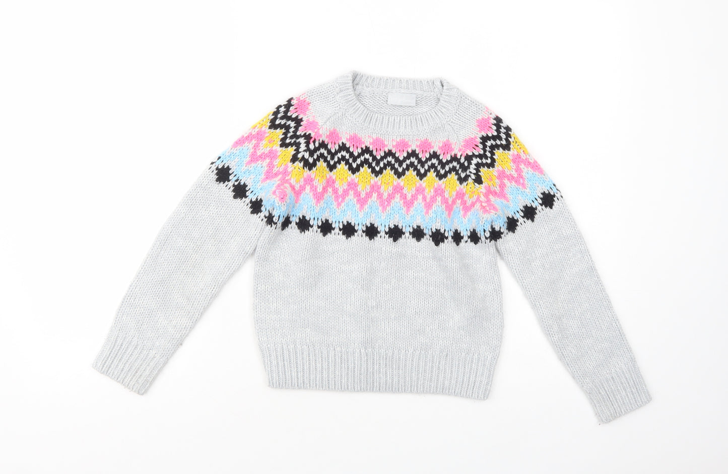 Matalan Girls Grey Crew Neck Fair Isle Acrylic Pullover Jumper Size 9 Years  Pullover