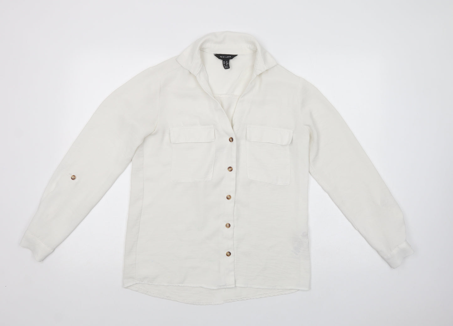 New Look Womens White  Polyester Basic Button-Up Size 8 Collared